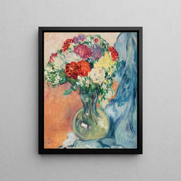 Chrysanthemums with blue drape - Louis Valtat — framed artwork on a wall