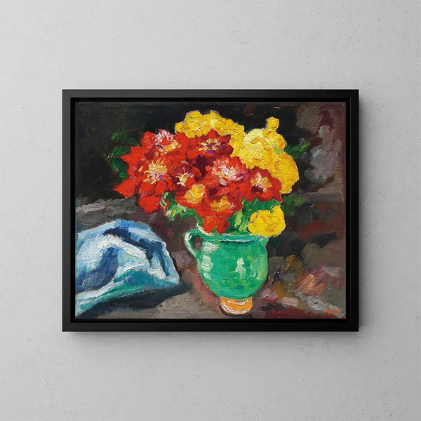 Green Jug Painting with Yellow and Red Water Lilies - Louis Valtat — framed artwork on a wall