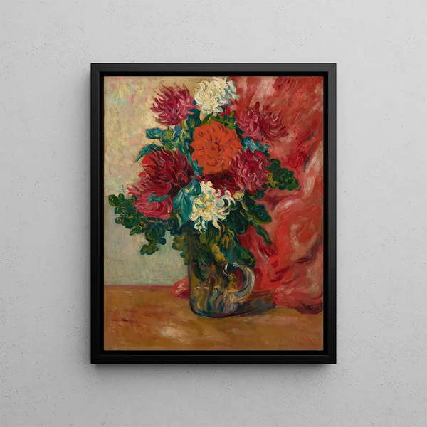 Dahlias, the glass jug in front of a red tapestry - Louis Valtat — framed artwork on a wall
