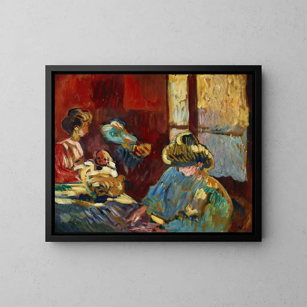 Maternité, woman in blue in front of the window - Louis Valtat — framed artwork on a wall