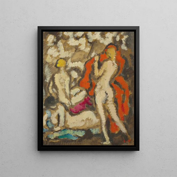 Three Young Nude Women with Red Drapery - Louis Valtat — framed artwork on a wall