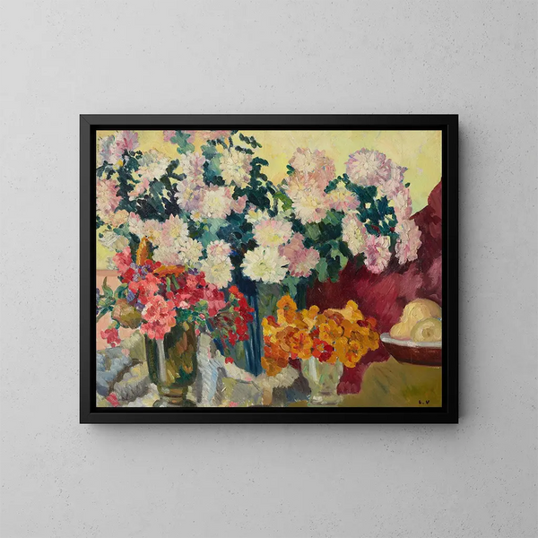 Three Flower Vases and Apple Plate - Louis Valtat — framed artwork on a wall