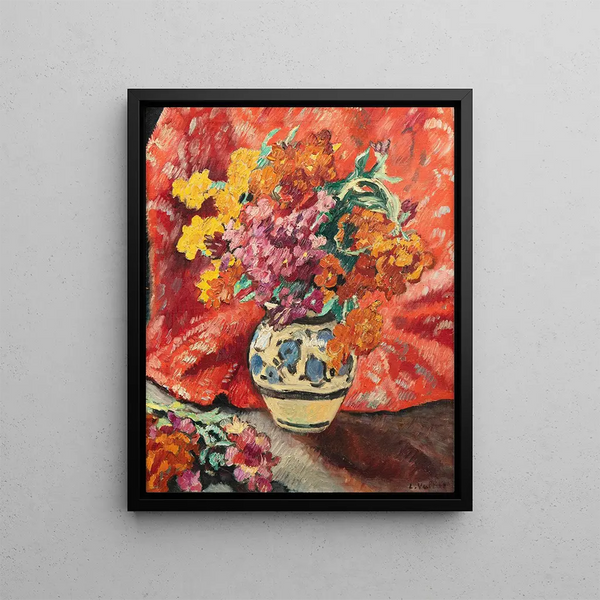 Vase de fleurs à la draperie rouge - Louis Valtat — framed artwork on a wall