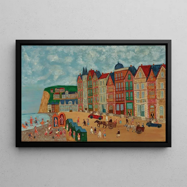 Seaside with Bathers and Beach - Louis Vivin — framed artwork on a wall