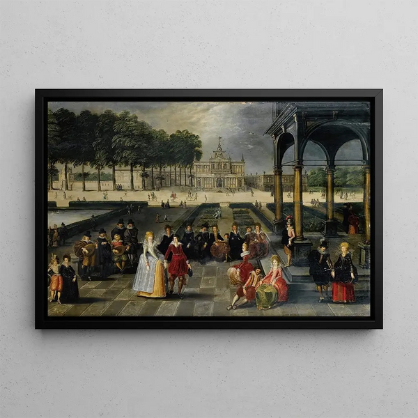 Elegant painting in the park of a classic palace - Louis de Caullery — framed artwork on a wall