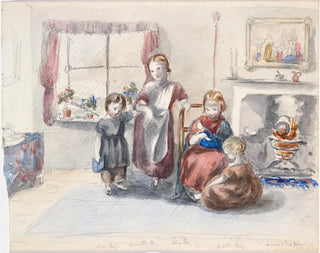 Four children in an interior with a kettle on an open fire - Louisa Taylor — artwork view