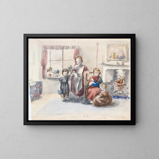 Four children in an interior with a kettle on an open fire - Louisa Taylor — framed artwork on a wall
