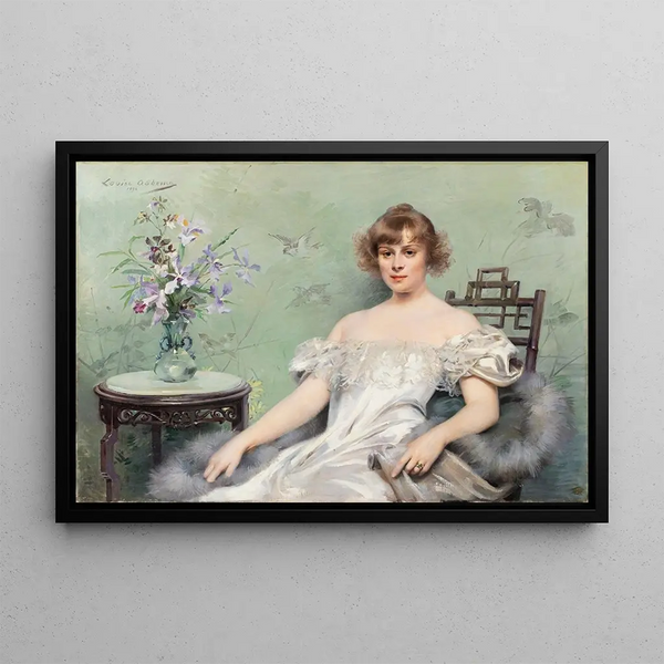 Young woman with a vase of flowers - Louise Abbema — framed artwork on a wall