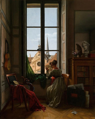 Louise Adone Drlling - Interior with Young Woman Tracing a Flower.webp