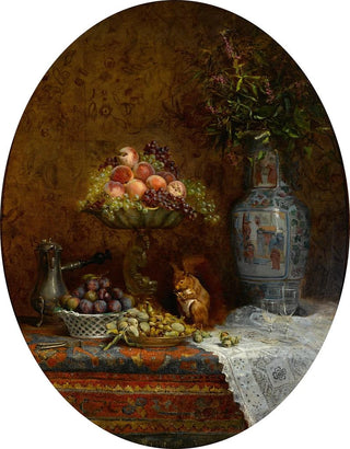 Louise Mercier - A still life with a hot chocolate pot a basket of plums a compote holding grapes and peaches a plate of nuts a squirrel and a Chinese vase.webp