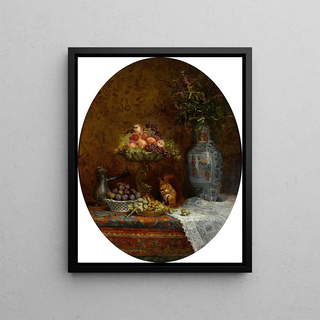 Louise Mercier - A still life with a hot chocolate pot a basket of plums a compote holding grapes and peaches a plate of nuts a squirrel and a Chinese vase.webp