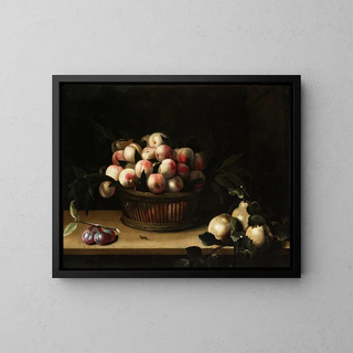 Peach basket with quinces and plums - Louise Moillon — framed artwork on a wall