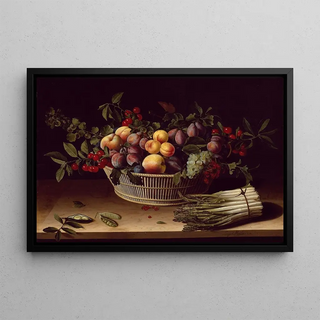 Nature morte with a basket of fruits and a bunch of asparagus - Louise Moillon — framed artwork on a wall