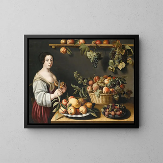 Nature morte avec des fruits et une jeune femme - Louise Moillon — framed artwork on a wall