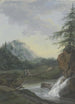 Landscape painting with a waterfall and a footbridge on which two women and a child are walking - Louise von Panhuys — artwork view