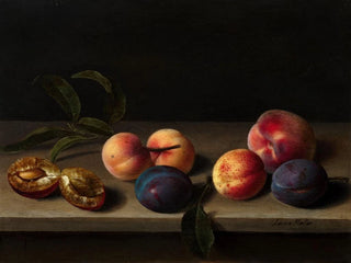 Peaches, apricots and plums on an entablature - Louyse Moillon — artwork view