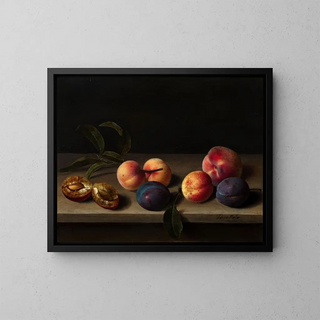 Peaches, apricots and plums on an entablature - Louyse Moillon — framed artwork on a wall
