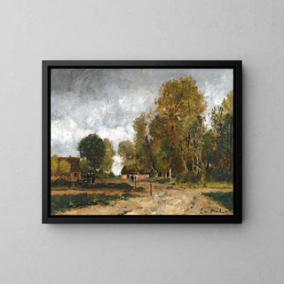 Landscape Painting with a Cottage - László Pál — framed artwork on a wall