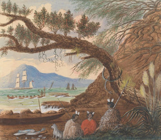 View near Auckland, three Maoris and a dog - Lt Gen Charles Emilius Gold — artwork view