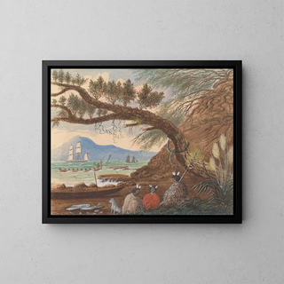 View near Auckland, three Maoris and a dog - Lt Gen Charles Emilius Gold — framed artwork on a wall
