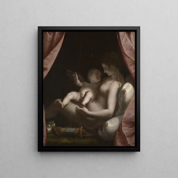 Venus and Cupid - Luca Cambiaso — framed artwork on a wall