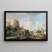 River landscape with whimsical view of Ponte Rotto Rome - Luca Carlevarijs — framed artwork on a wall