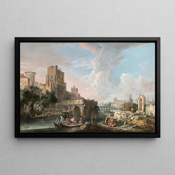 River landscape with whimsical view of Ponte Rotto Rome - Luca Carlevarijs — framed artwork on a wall