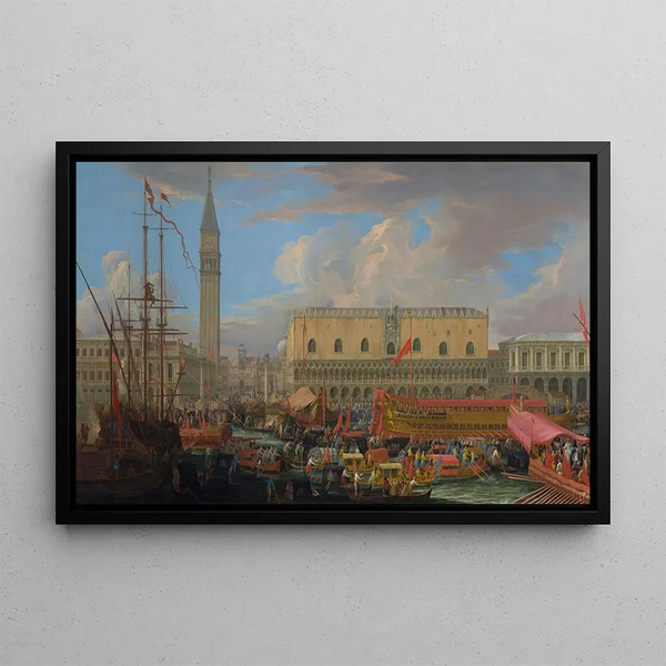 The Bucintoro Leaving the Basin of Saint Mark - Luca Carlevarijs — framed artwork on a wall