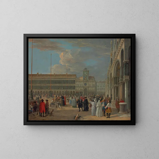 View of Piazza San Marco with the Clock Tower, Venice - Luca Carlevarijs — framed artwork on a wall