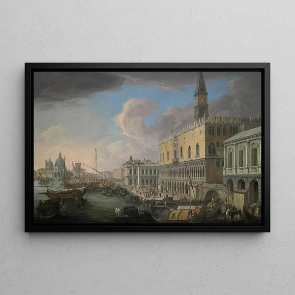 View of the Molo Venice Westward - Luca Carlevarijs — framed artwork on a wall