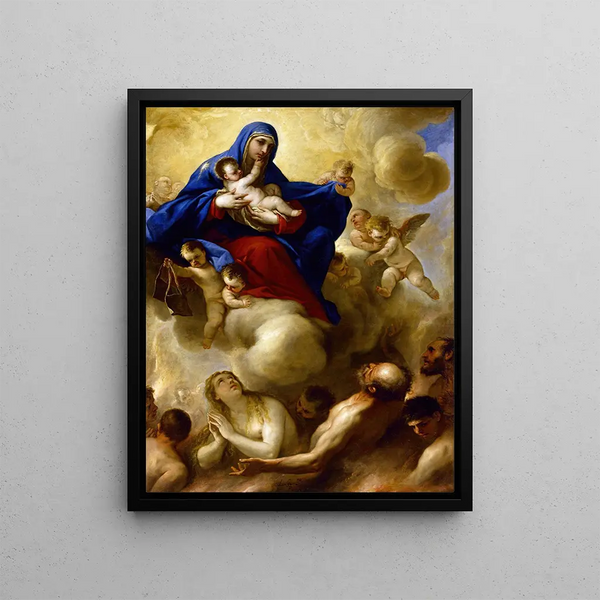 La Vierge à l'Enfant avec les âmes du Purgatoire - Luca Giordano — framed artwork on a wall