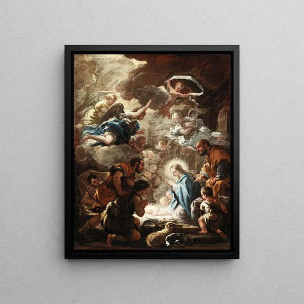 Adoration of the Shepherds - Luca Giordano — framed artwork on a wall