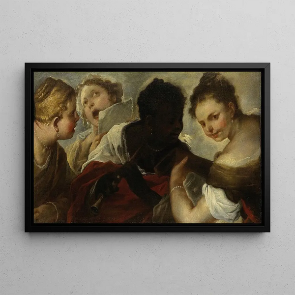 Four women making music - Luca Giordano — framed artwork on a wall
