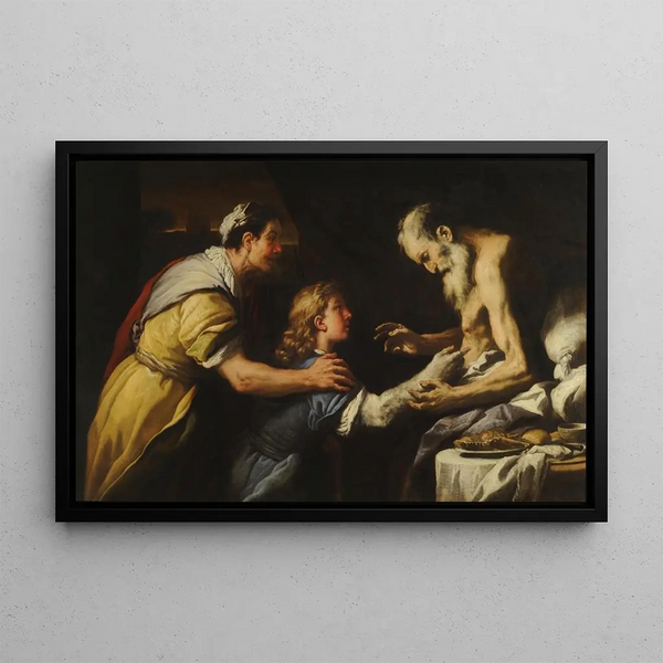 Introduction of Jacob to Isaac - Luca Giordano — framed artwork on a wall