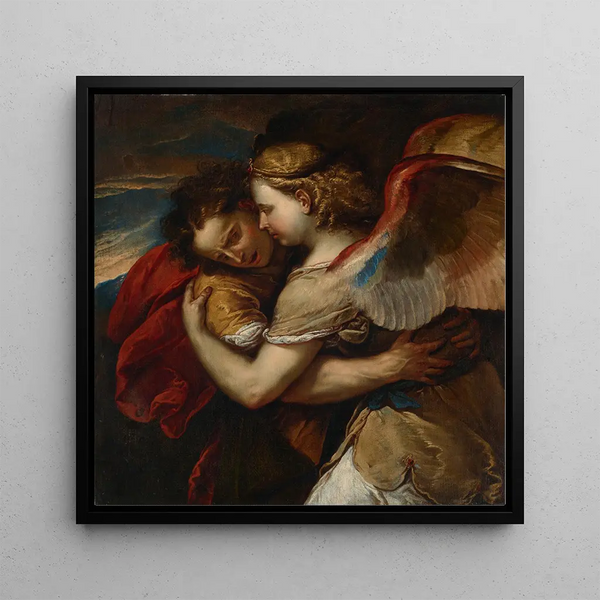 Jacob fighting with the Angel - Luca Giordano — framed artwork on a wall