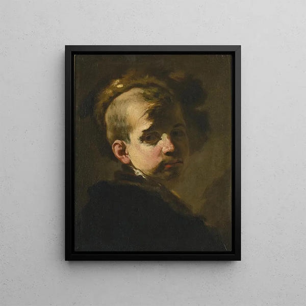 Portrait of a boy wearing a fur hat - Luca Giordano — framed artwork on a wall