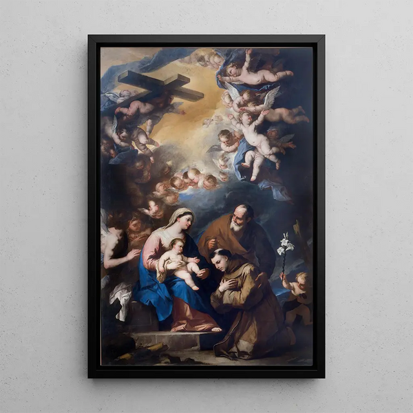 La Sainte Famille vénérée par Saint Antoine de Padoue - Luca Giordano — framed artwork on a wall