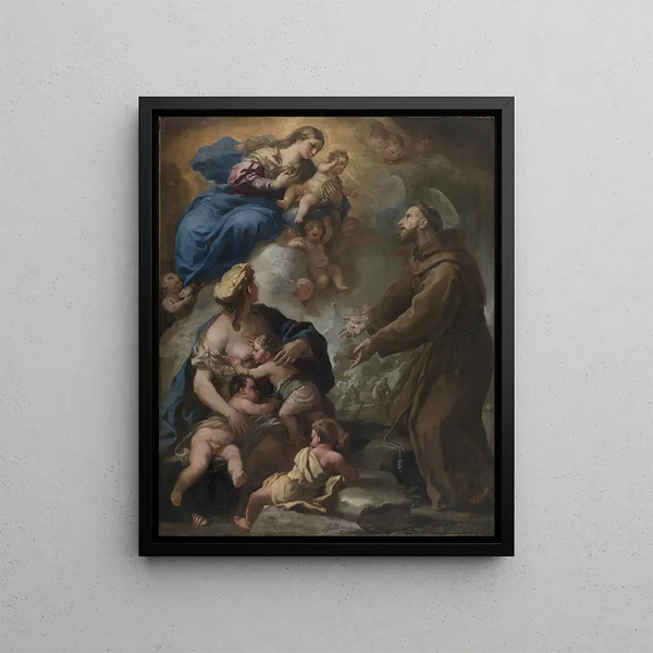 The Virgin and Child appearing to Saint Francis of Assisi - Luca Giordano — framed artwork on a wall