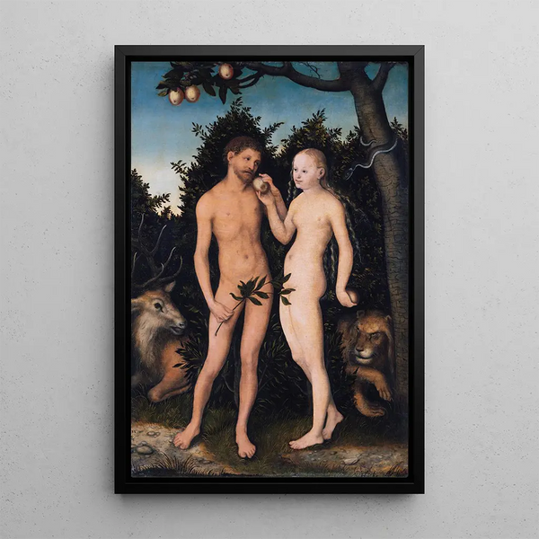 Adam and Eve in Paradise The Fall - Lucas Cranach the Elder — framed artwork on a wall