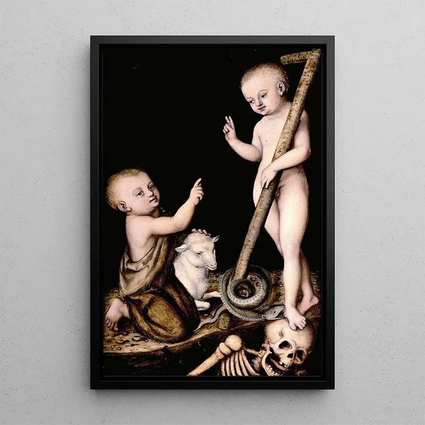 the Adoration of the Child Jesus by Saint John the Baptist - Lucas Cranach the Elder — framed artwork on a wall