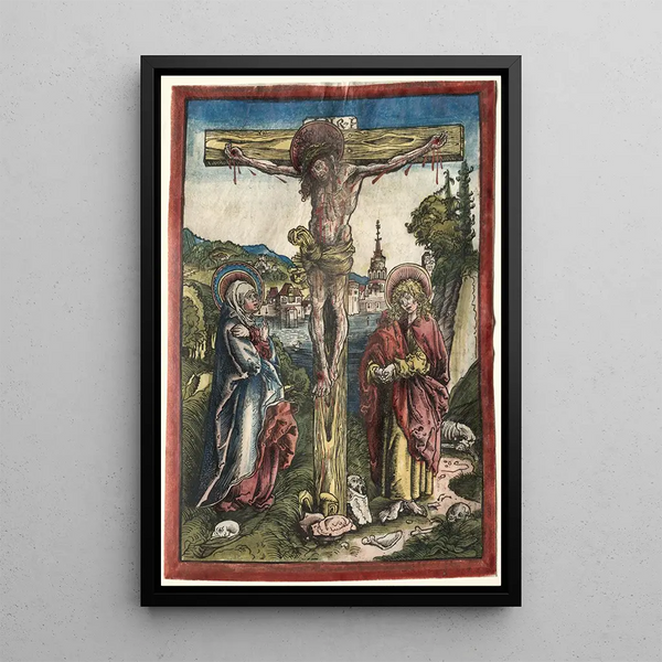 Christ on the cross between the Virgin and Saint John - Lucas Cranach the Elder — framed artwork on a wall