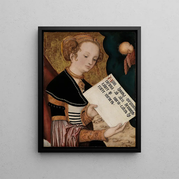 Saint with parchment - Lucas Cranach the Elder — framed artwork on a wall