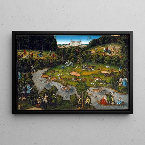 Hunting near Hartenfels Castle - Lucas Cranach the Elder — framed artwork on a wall