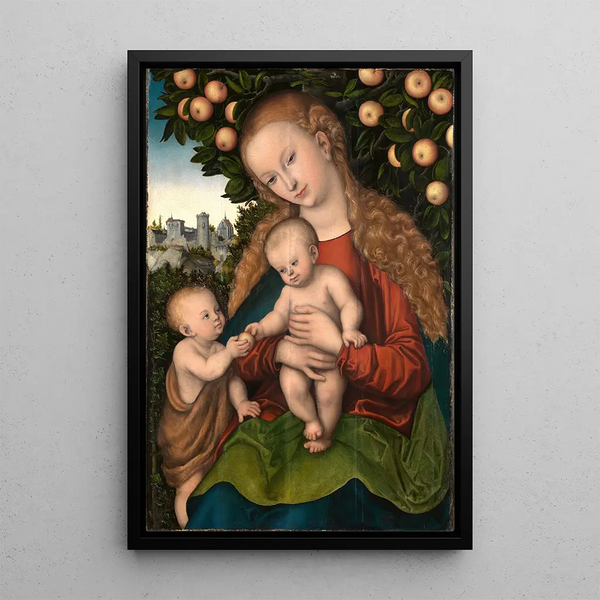 Marie with the Child and Young John under the apple tree - Lucas Cranach the Elder — framed artwork on a wall