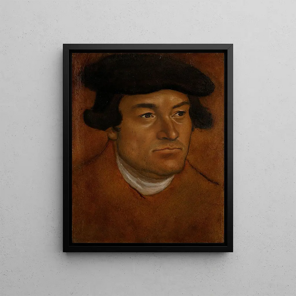 Portrait of a man with a black cap - Lucas Cranach the Elder — framed artwork on a wall