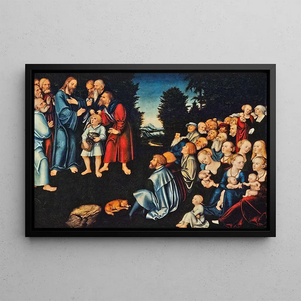 The miracle of the five loaves and two fishes - Lucas Cranach the Elder — framed artwork on a wall