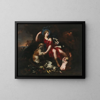Diane resting with her hunting dogs and putti - Lucas Franchoys the Younger — framed artwork on a wall
