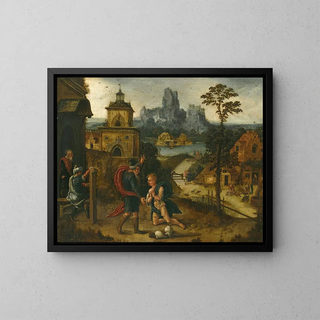 a landscape with the return of the prodigal son - Lucas Gassel — framed artwork on a wall