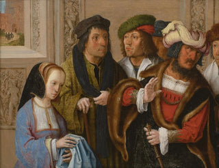 La femme de Potiphar montre à son mari le manteau de Joseph, en arrière-plan Joseph est emmené en prison. - Lucas van Leyden — artwork view