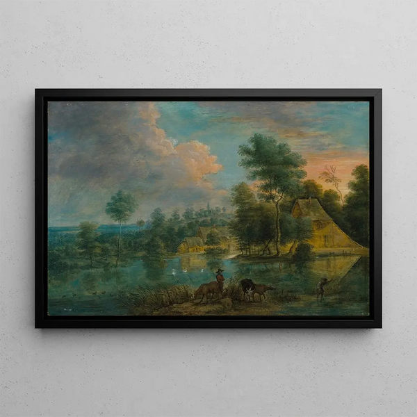Landscape with River and Travelers - Lucas van Uden — framed artwork on a wall
